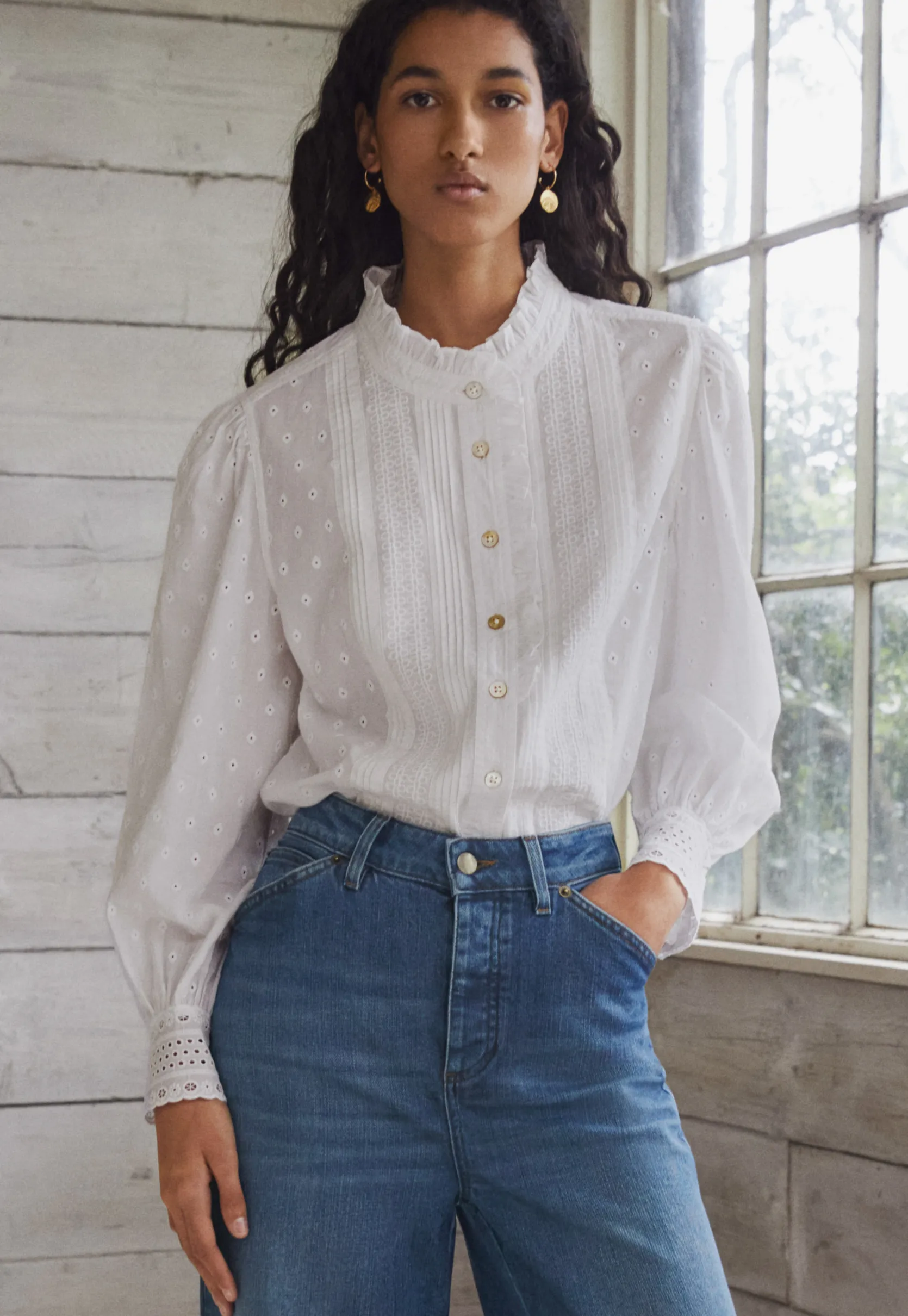 ruffleneck_broderie_blous_0-2.webp Women Wrap London Shirts & Tops*Ruffle-Neck Broderie Blouse