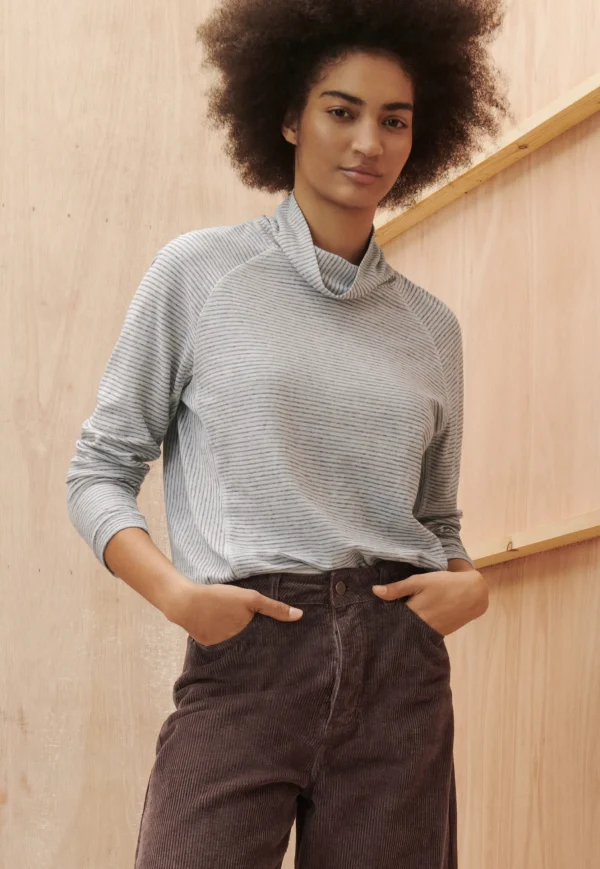 Women Wrap London Jersey Tops*Striped Funnel-Neck Top
