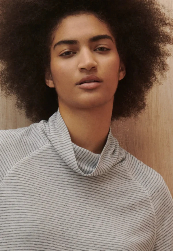Women Wrap London Jersey Tops*Striped Funnel-Neck Top