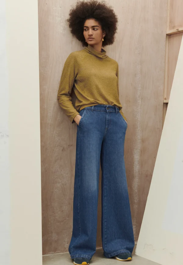 Women Wrap London Jersey Tops*Striped Funnel-Neck Top
