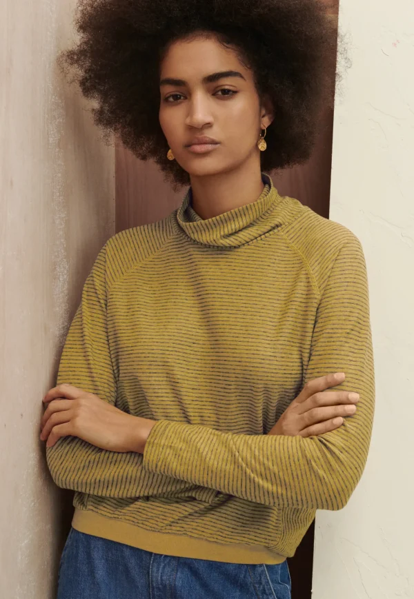 Women Wrap London Jersey Tops*Striped Funnel-Neck Top
