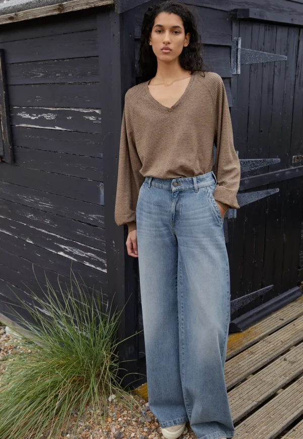 Women Wrap London Jersey Tops*Striped V-Neck Top